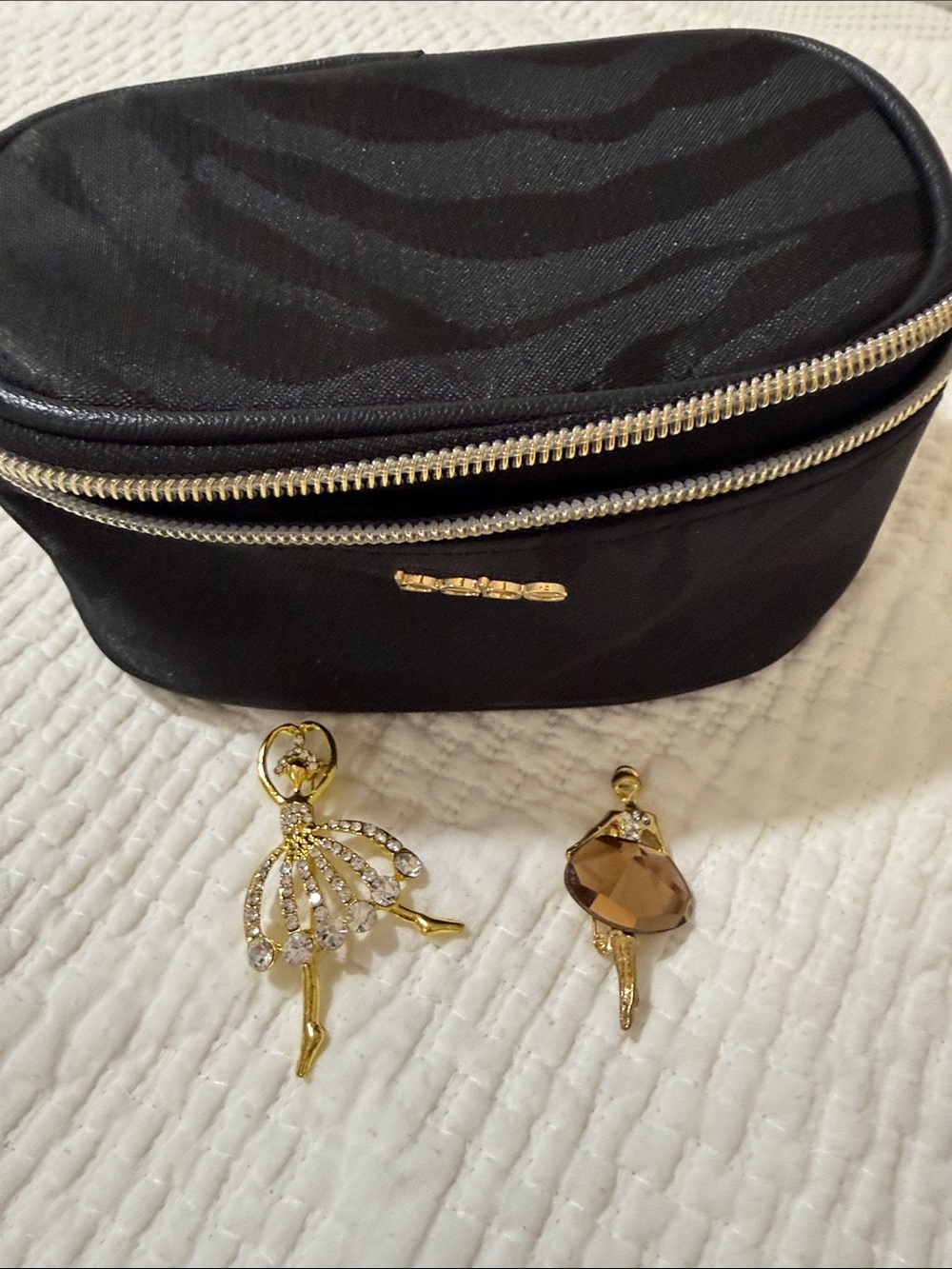 bebe Black jewelry Pouch with Gold Logo and Zipper & ballerina brooches